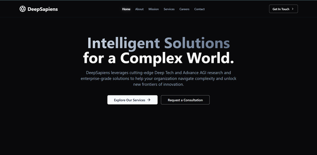 FlincByte Custom Software Case Study: Deepsapiens - Modern React landing page showcasing capabilities in Deep Tech and AGI research.