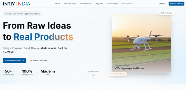 FlincByte Custom Software Case Study: Intiv India - Hardware-focused product engineering website showcasing drone systems, robotics, embedded electronics, IoT solutions, and manufacturing-ready innovations.