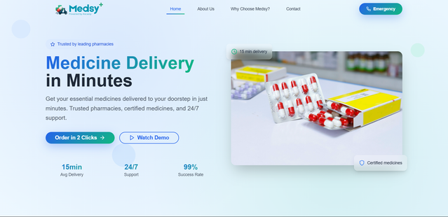 FlincByte Custom Software Case Study: MedsyPlus - Sleek, rapid medicine delivery service landing page built with React and Tailwind.